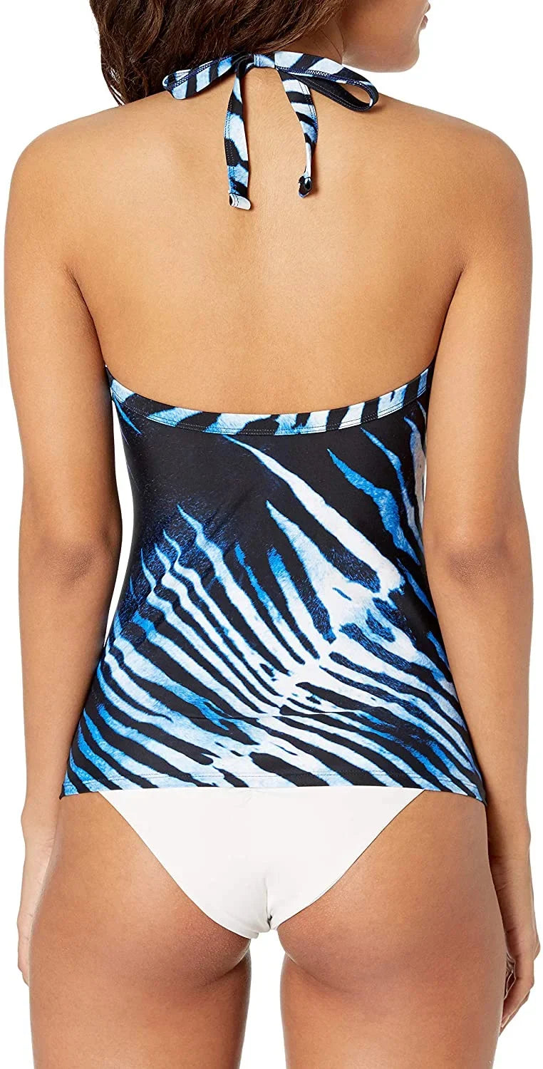 Rachel Roy BLUE ZEBRA Lace-up Halter Tankini Swim Top, US Small