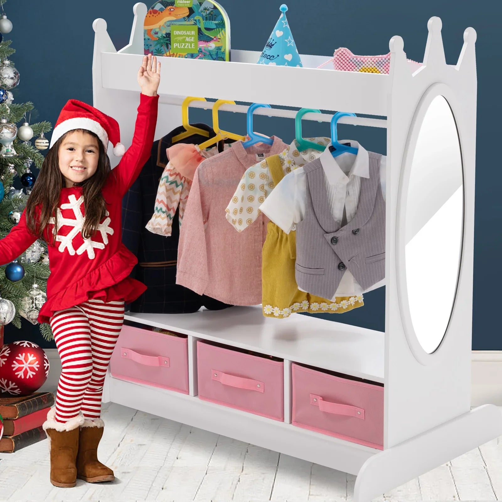 Kid Armoire Lovely White Dress Up Closet Girl Corner Bedroom Wardrobe with Mirror, Side Pocket Top Storage, 3 Drawers