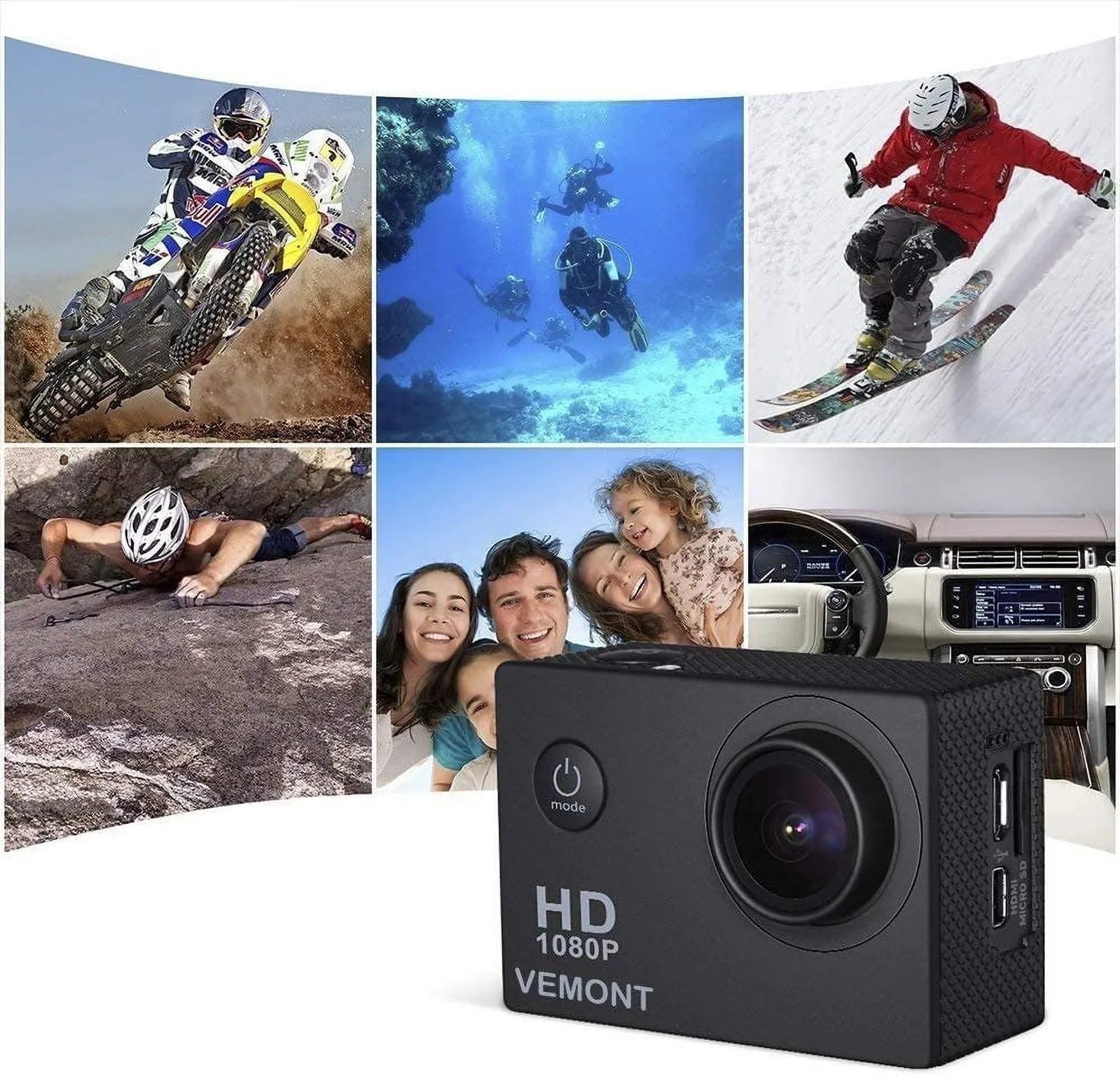 VEMONT Action Camera, 1080P 12MP Sports Camera Full HD 2.0 Inch Action Cam 30m/98ft Underwater Waterproof Snorkel surf Camera with Wide-Angle Lens and Mounting Accessories Kit Black