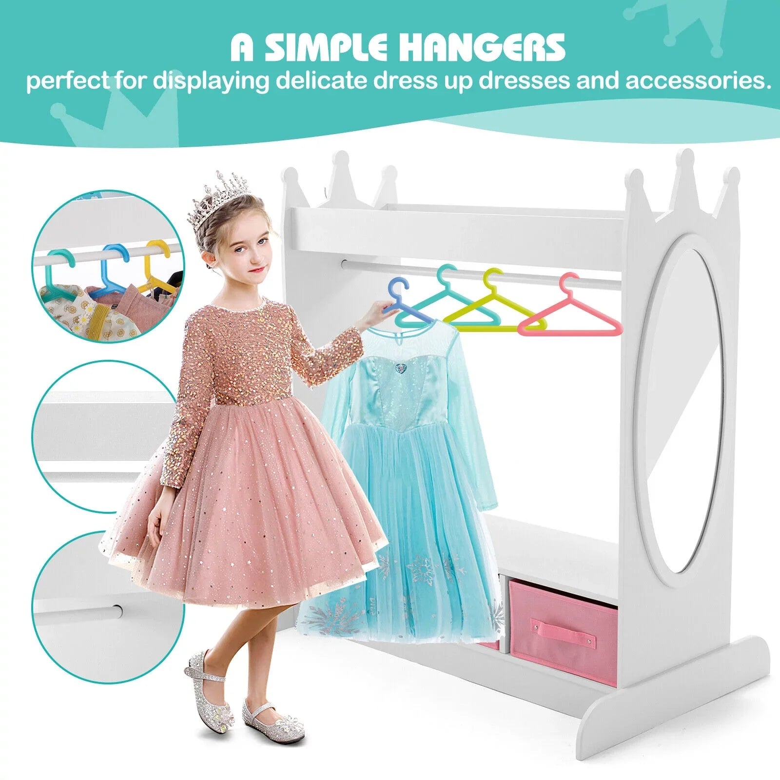 Kid Armoire Lovely White Dress Up Closet Girl Corner Bedroom Wardrobe with Mirror, Side Pocket Top Storage, 3 Drawers