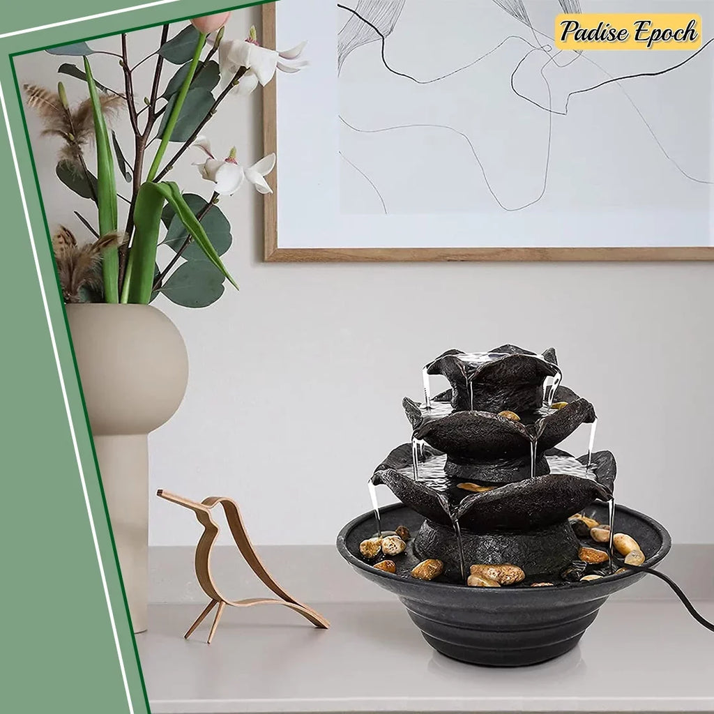 3 Tier Indoor Water Fountain with LED Lights Tabletop Fountain, Relaxation Tabletop Fountain, Mini Desktop Water Fountain for Living Room Bedroom (Includes Natural River Rocks)