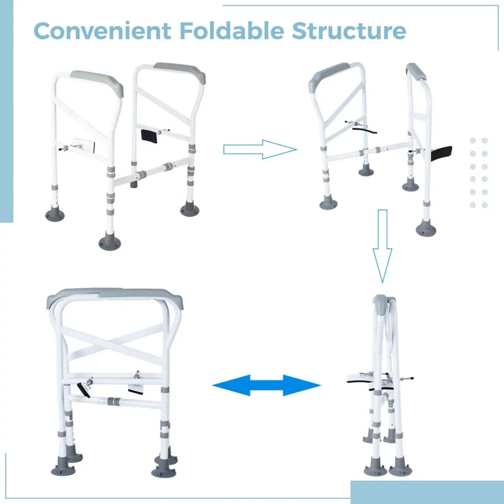 Toilet Safety Rails for Elderly, Adjustable Toilet Support Frame, Toilet Standing Aid for Disabled, Toilet Safety Handles with Large Non-Slip Mats, Free-Assembly, Fit All Toilets