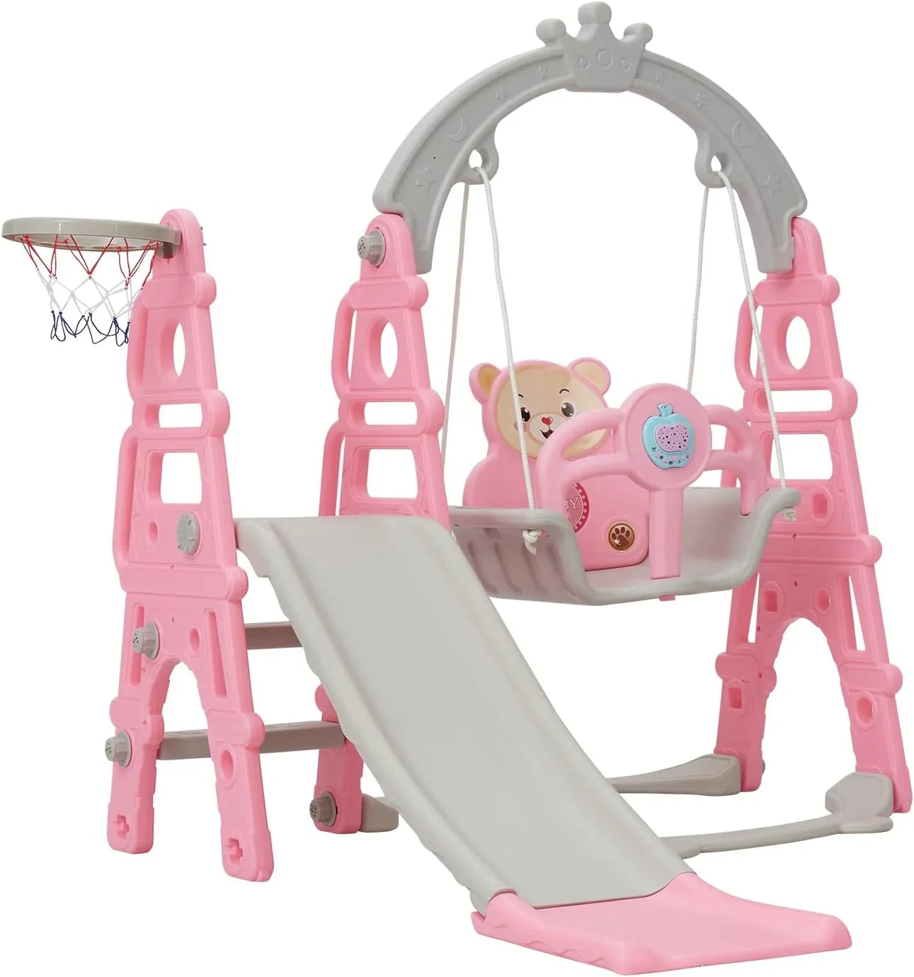 Kinbor 5 in 1 Toddler Slide Swing Set, Climber Slide Playground Baby Playset for Outdoor & Indoor with Basketball Hoop, Extra Long Slide & Easy Climb Stairs, Pink
