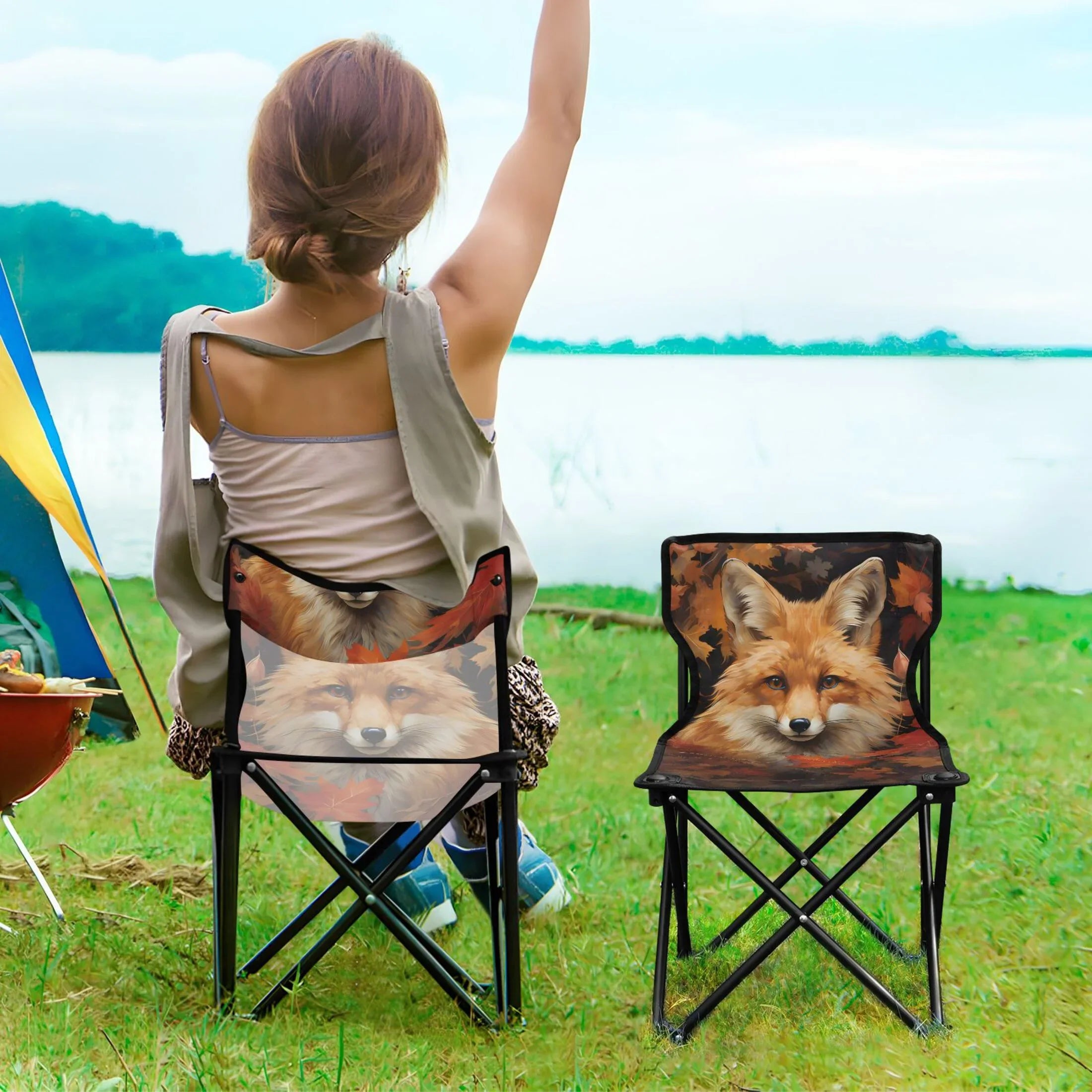 Fox in Autumn Leaves Portable Camping Chair Outdoor Folding Beach Chair Fishing Chair Lawn Chair with Carry Bag Support to 220LBS