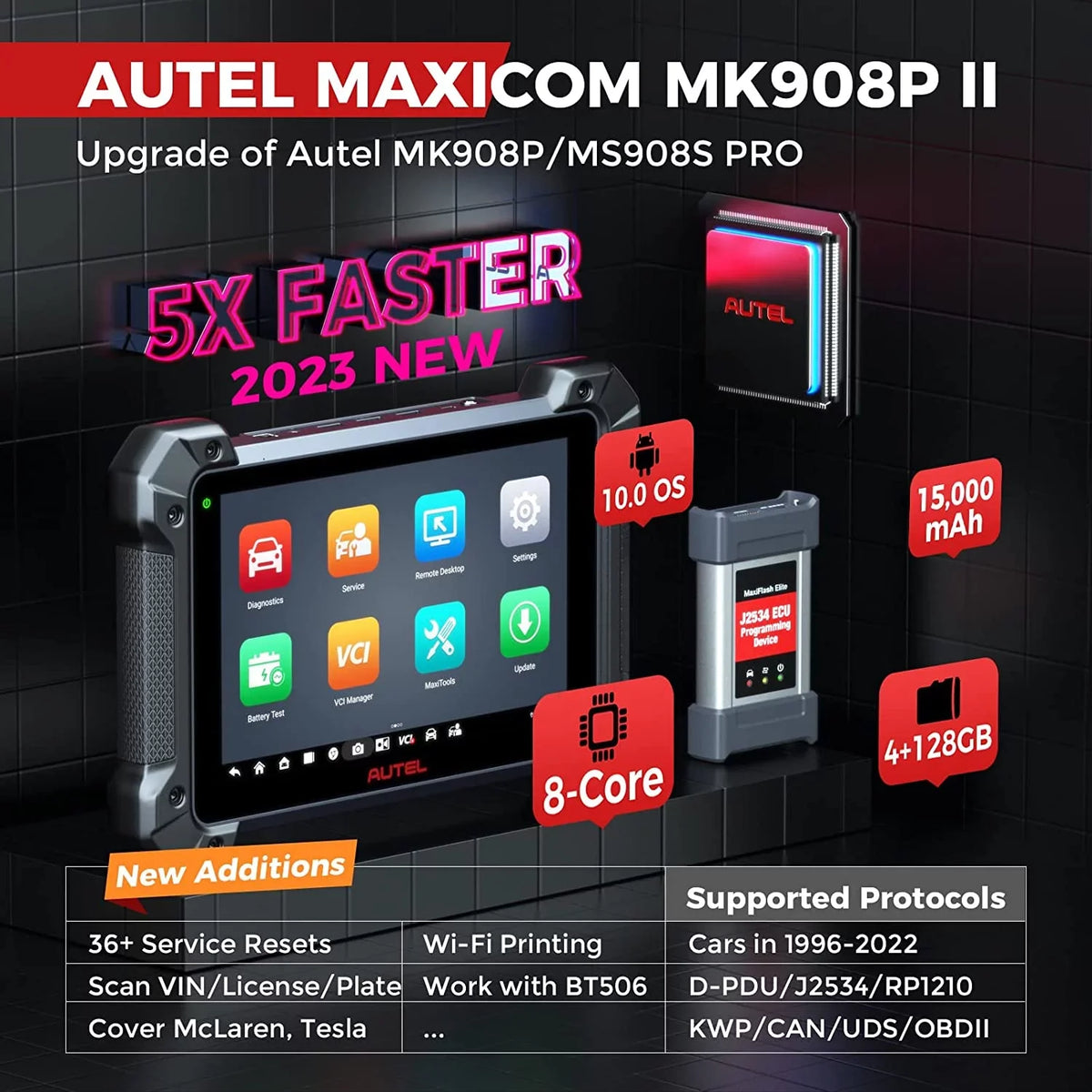 Autel MaxiCOM MK908 Pro II Car Diagnostic Scan Tool J2534 Programming ECU Coding Bi-directional, 38+ Services,J2534 Pass-Thru, AutoScan 2.0