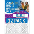 15x20x1 Air Filter MERV 13 Rating, 12 Pack of Furnace Filters Comparable to MPR 1500 - 2200 & FPR 9 - Made in USA by AIRX FILTERS WICKED CLEAN AIR.
