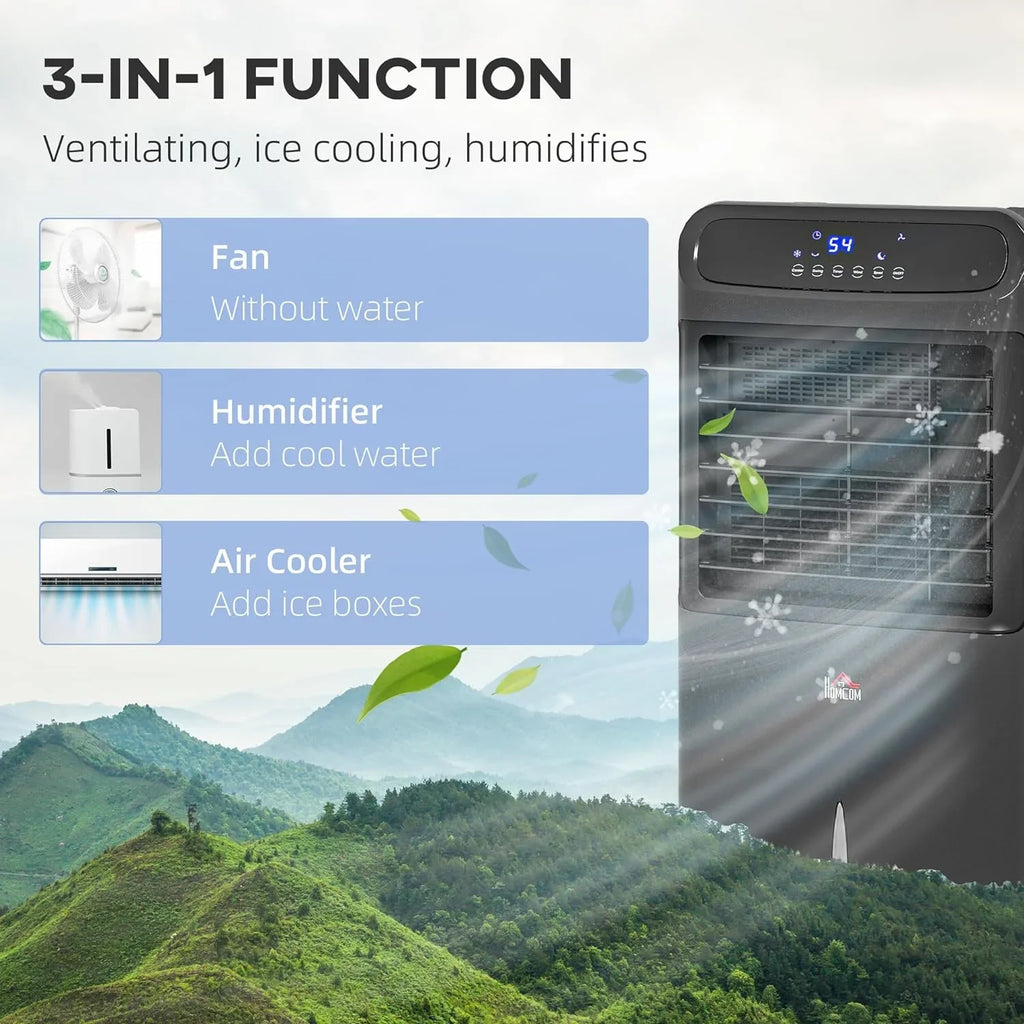 HOMCOM 32" Mobile Evaporative Air Cooler, 3-In-1 Ice Cooling Fan Water Conditioner Humidifier Unit with Remote, Timer, OscilLatitudeing, LED Display, 3.2gal Water Tank for Home Office, Bedroom, Black