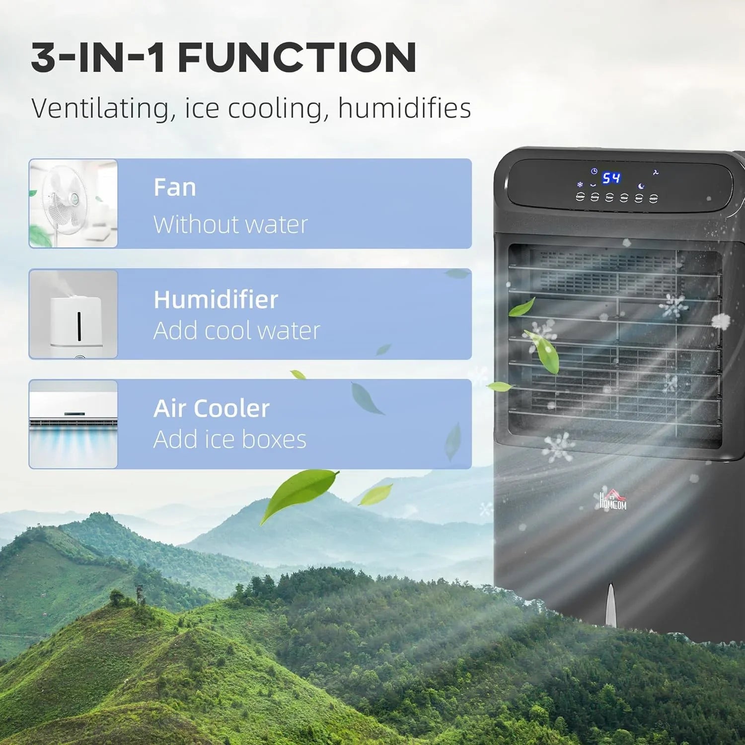 HOMCOM 32" Mobile Evaporative Air Cooler, 3-In-1 Ice Cooling Fan Water Conditioner Humidifier Unit with Remote, Timer, OscilLatitudeing, LED Display, 3.2gal Water Tank for Home Office, Bedroom, Black