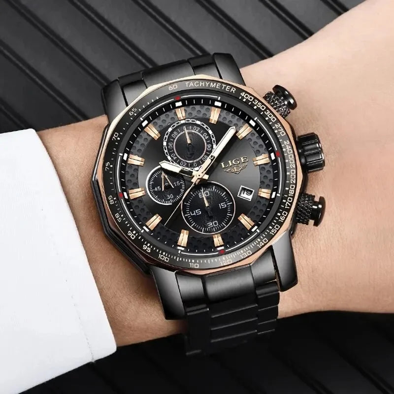 New Sport Chronograph Mens Watches Top Brand Luxury Full Steel Quartz Clock Waterproof Big Dial Watch Men Montre Homme silver white