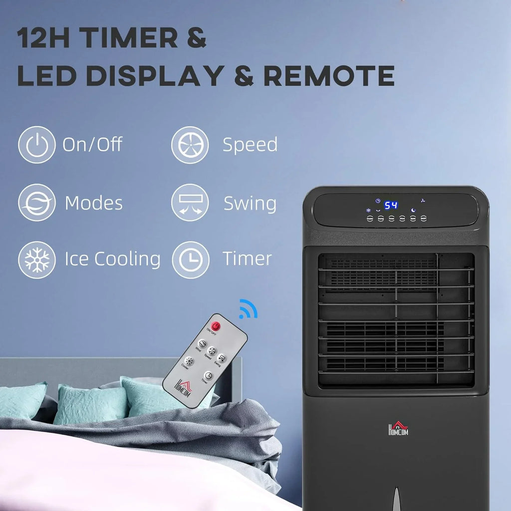 HOMCOM 32" Mobile Evaporative Air Cooler, 3-In-1 Ice Cooling Fan Water Conditioner Humidifier Unit with Remote, Timer, OscilLatitudeing, LED Display, 3.2gal Water Tank for Home Office, Bedroom, Black