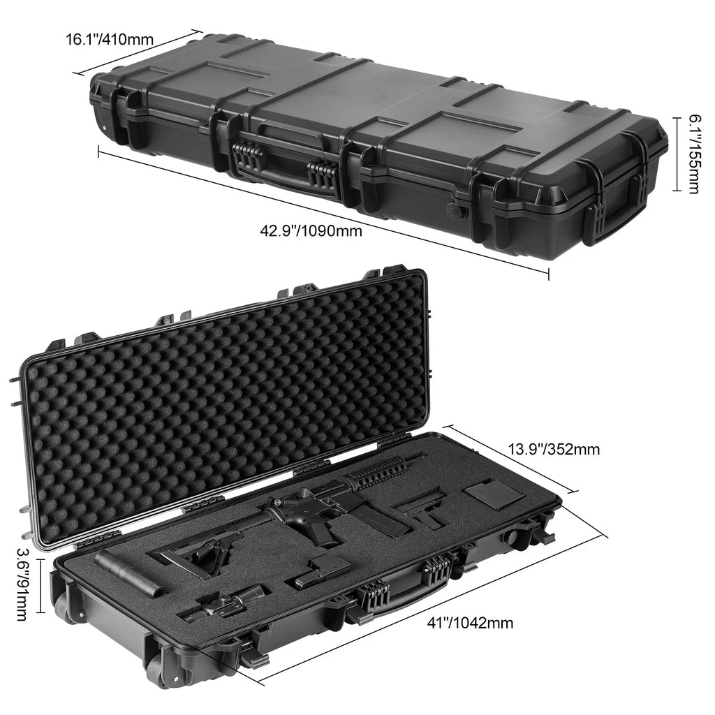 SKYSHALO Rifle Case, Rifle Hard Case with 3 Layers Fully-protective Foams, 42 inch lockable Hard Gun Case with Wheels, IP67 Waterproof & Crushproof, for Two Rifles or Shotguns, Airsoft Gun