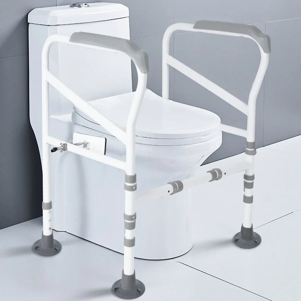 Toilet Safety Rails for Elderly, Adjustable Toilet Support Frame, Toilet Standing Aid for Disabled, Toilet Safety Handles with Large Non-Slip Mats, Free-Assembly, Fit All Toilets