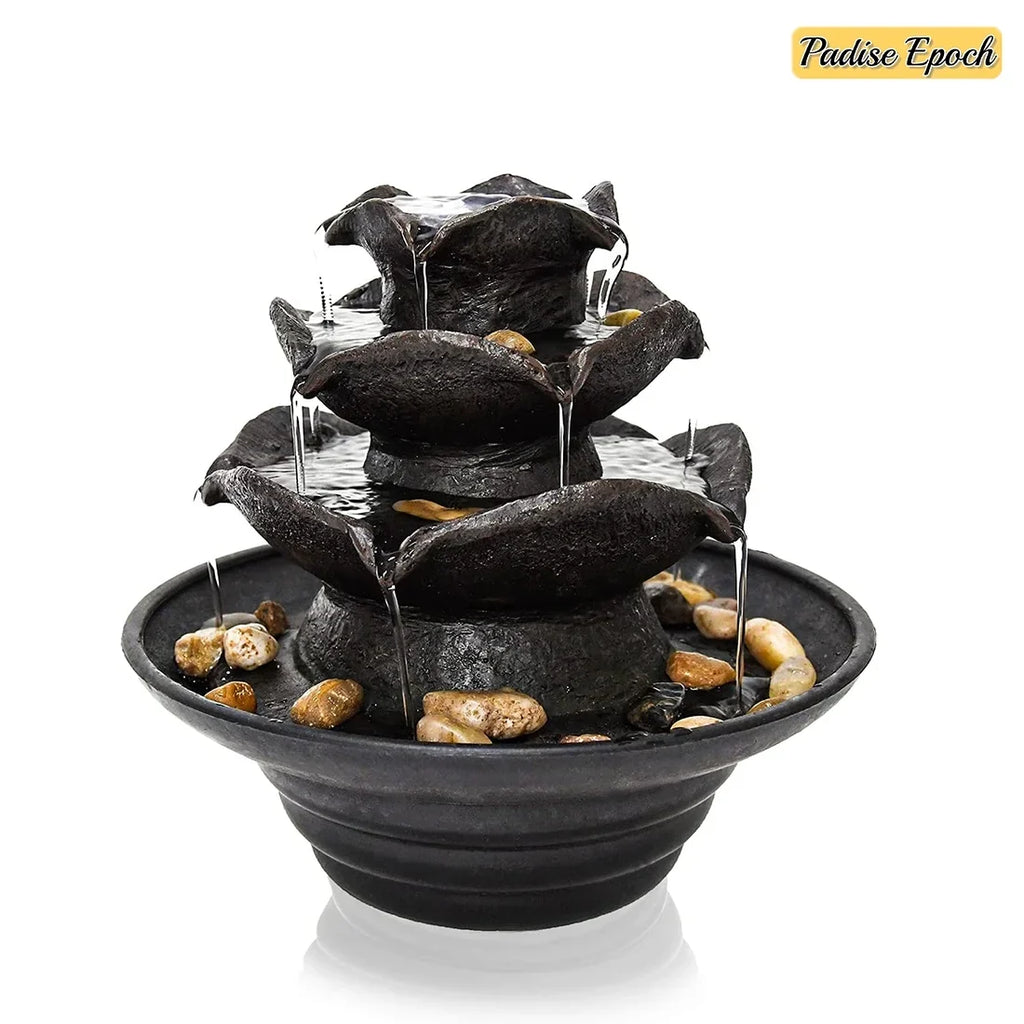 3 Tier Indoor Water Fountain with LED Lights Tabletop Fountain, Relaxation Tabletop Fountain, Mini Desktop Water Fountain for Living Room Bedroom (Includes Natural River Rocks)
