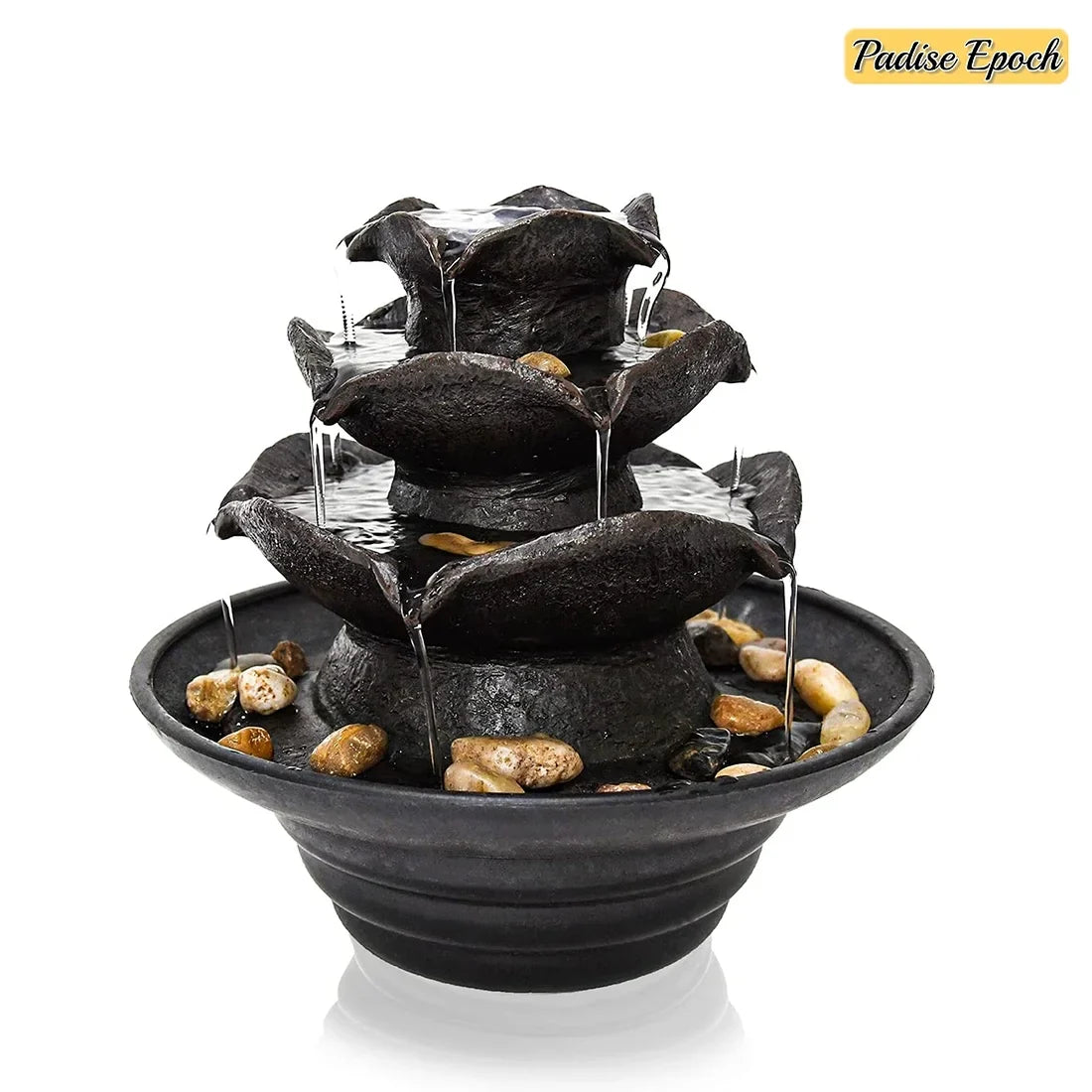 3 Tier Indoor Water Fountain with LED Lights Tabletop Fountain, Relaxation Tabletop Fountain, Mini Desktop Water Fountain for Living Room Bedroom (Includes Natural River Rocks)