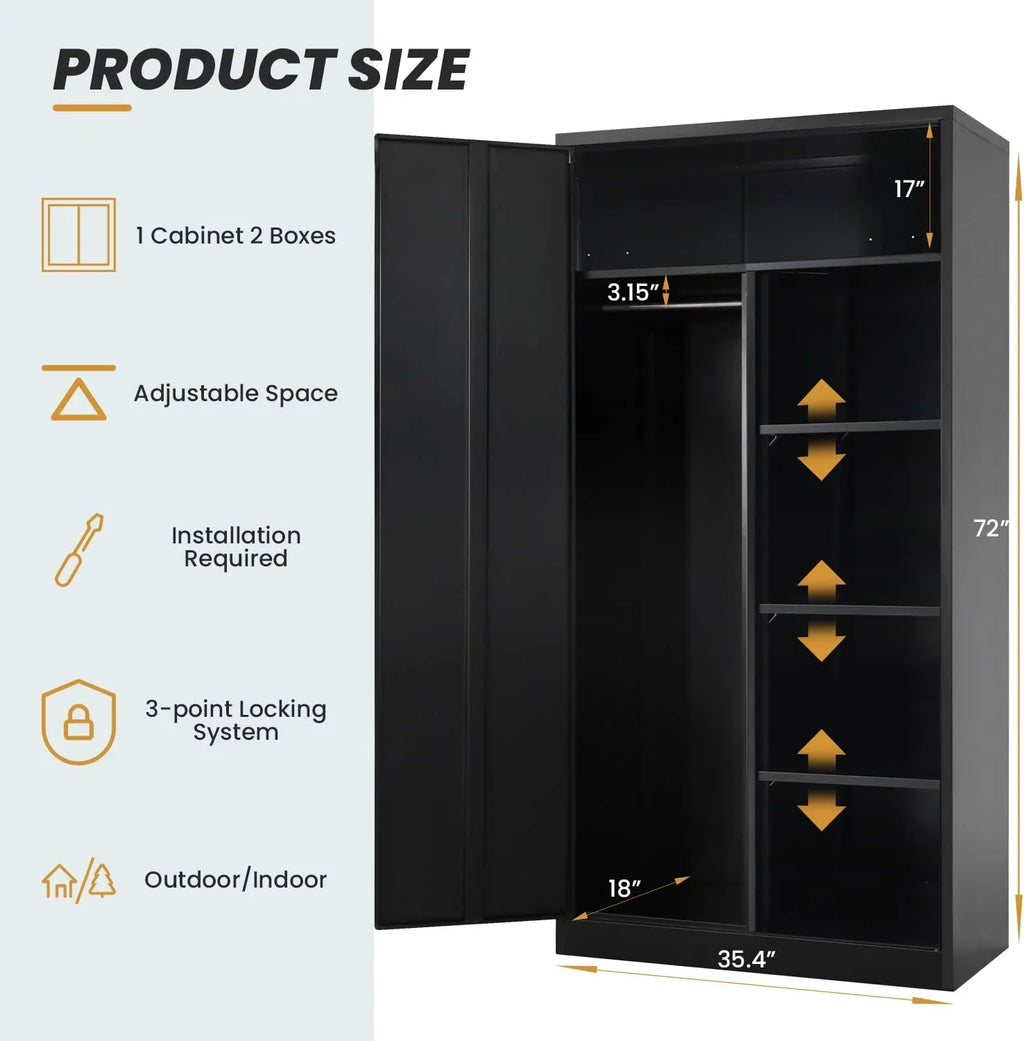HOOMHIBIU Metal  Cabinets Locker with Locking Door  72'' Clothing Coat Steel Wardrobe Cabinet with Lock and Shelves for Office  Home  Garage  Employee  Freestanding (Black)