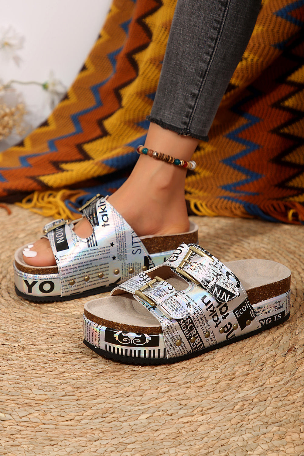 White Leathered Stud Dual Buckle PLatitudeform Slippers