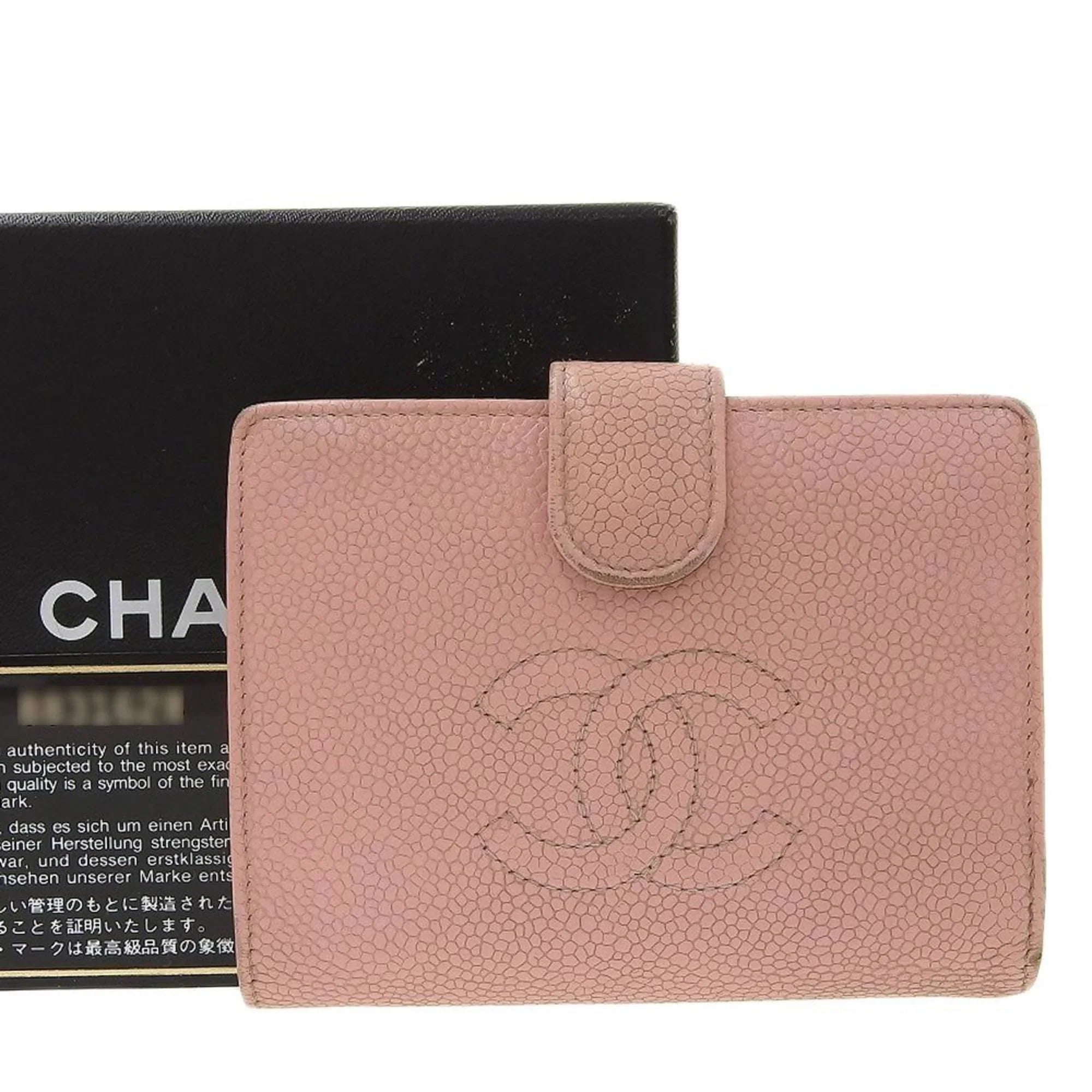 Pre-Owned Chanel CHANEL fold wallet with gama mouth caviar skin pink A13497 seal 8 model coco mark logo (Fair)