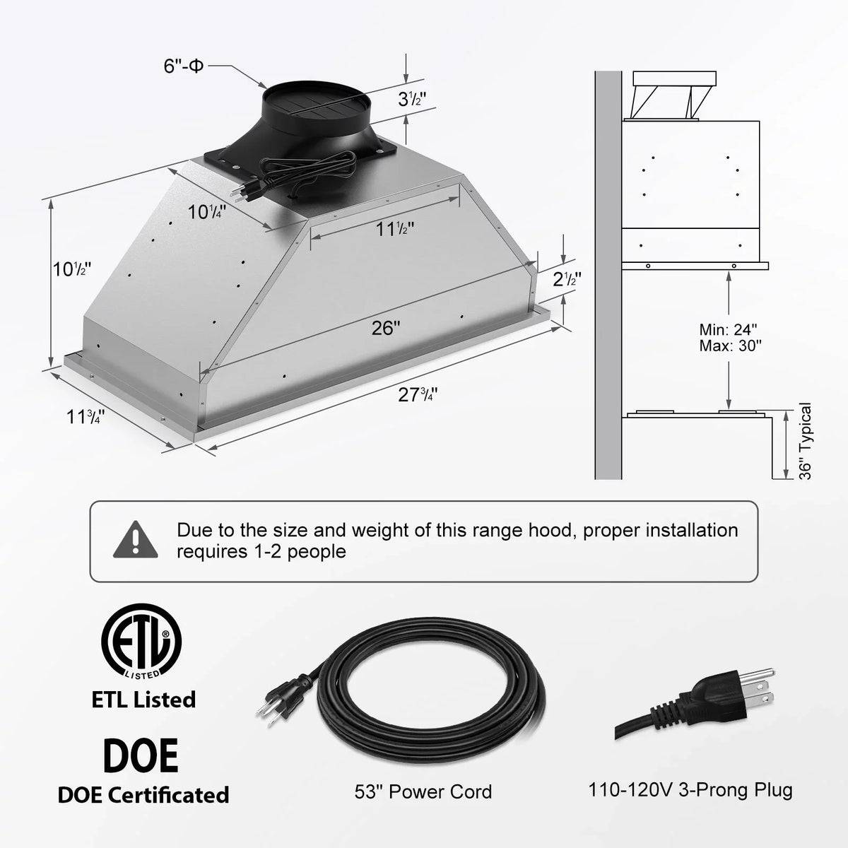 30" Under Cabinet Range Hood Kitchen Stove Vent Hood, with 900 CFM, 4 Speed Gesture Sensing&Touch Control Panel