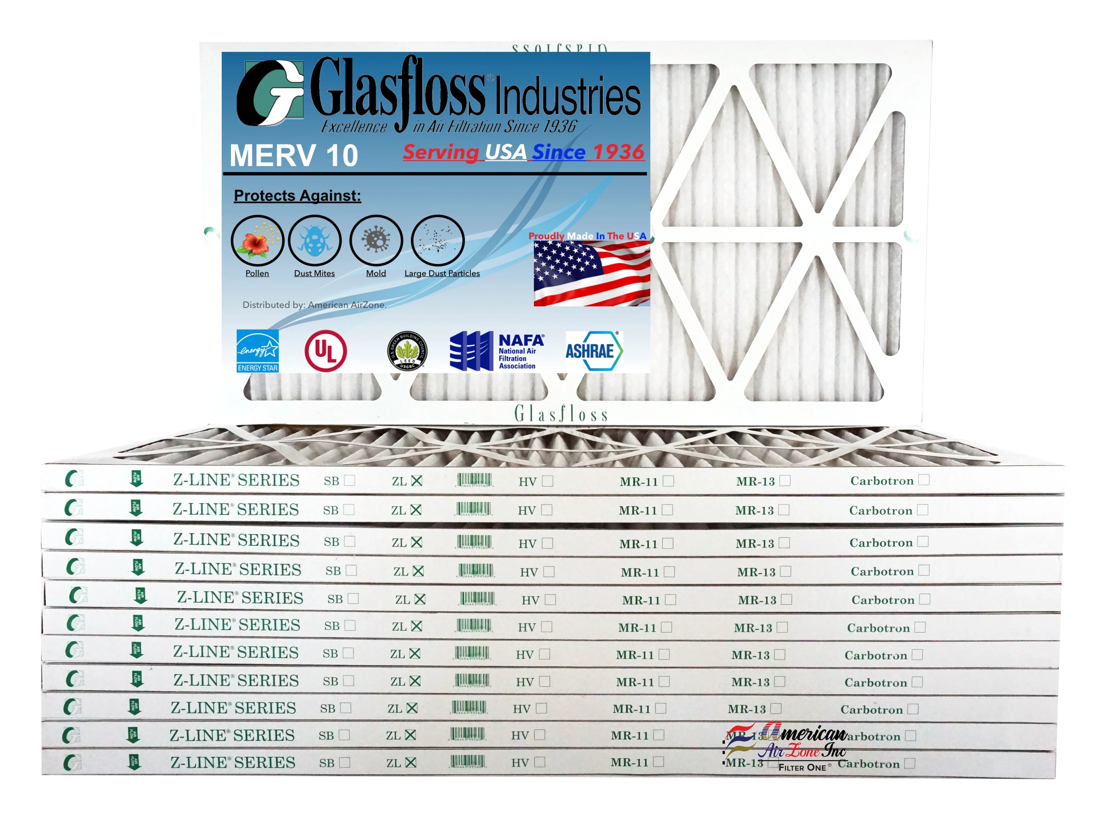 Glasfloss 12x30x1 - MERV 10 -Qty:12 - Furnace Air Filter - Made in USA (Actual Size: 11.5 x 29.5x7/8 inch)
