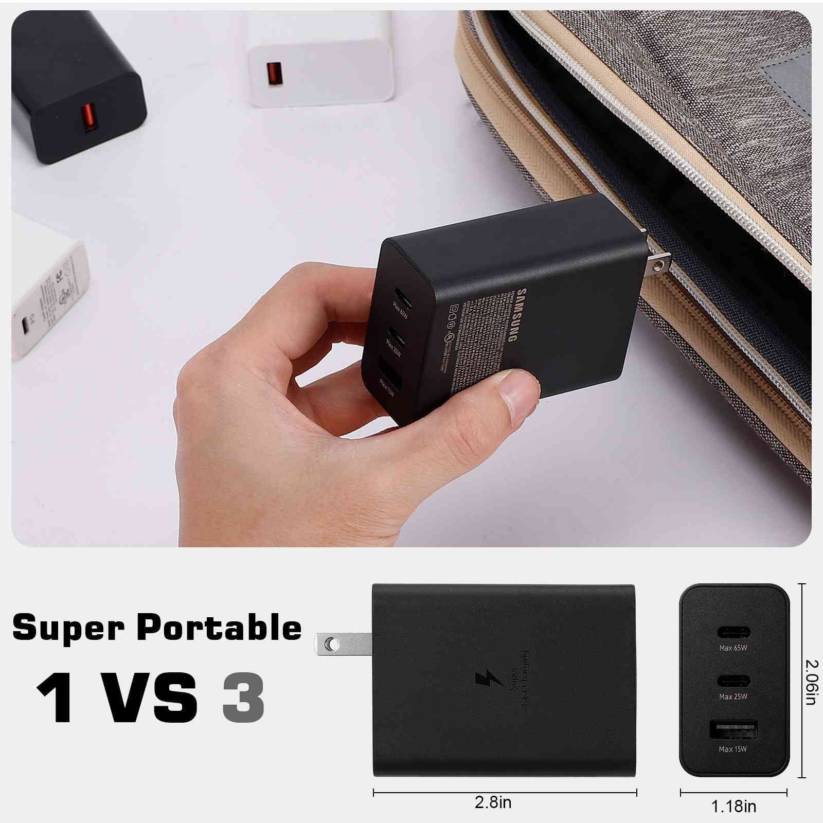 65W Fast Travel Charger with 3 Ports - USB & Dual USB-C High-Speed Charging for ZTE Axon 30 5G/Blade V30/nubia Red Magic 6R/Axon 30 Ultra 5G/Axon 30 Pro 5G iPhone, Samsung Galaxy, Laptops, Phones