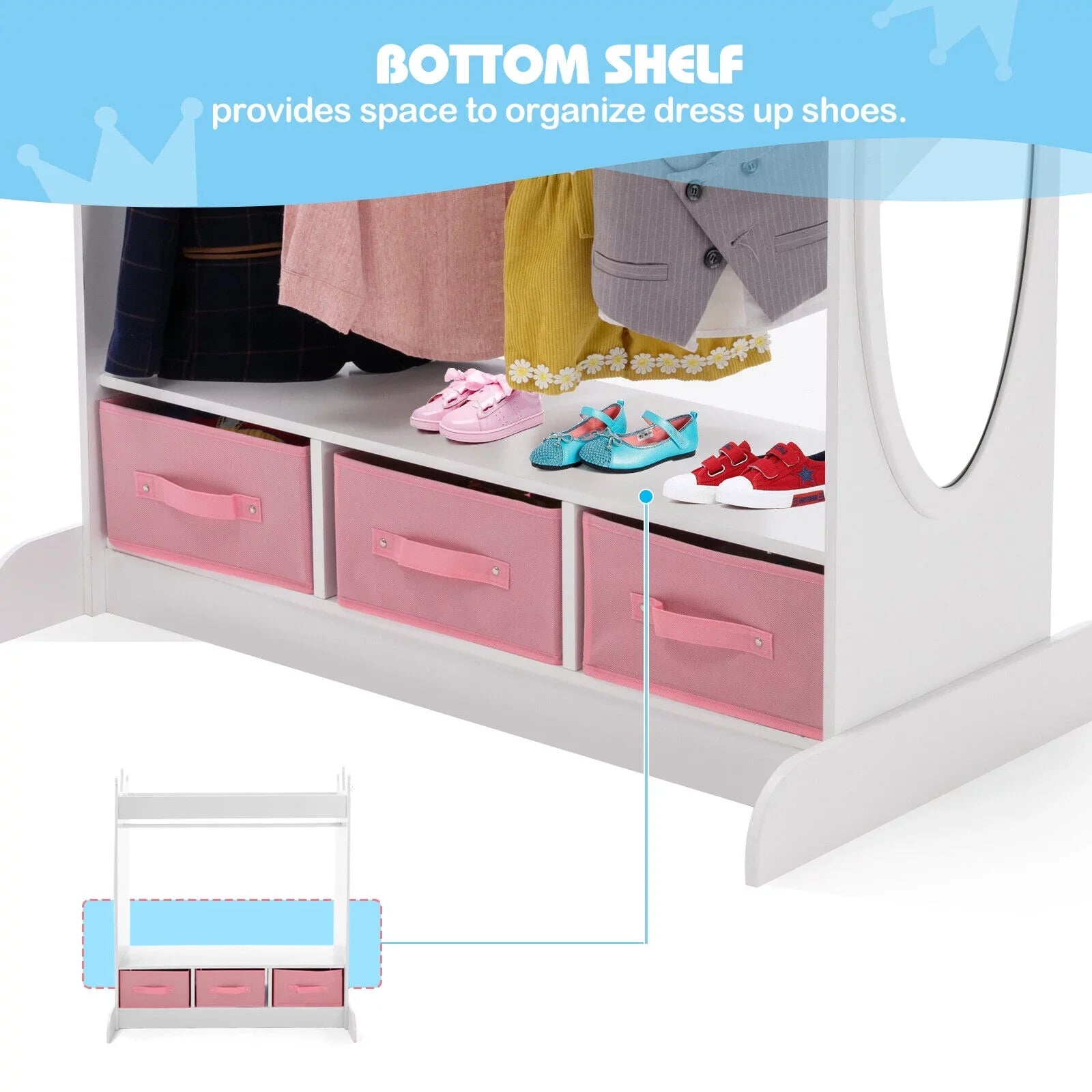 Kid Armoire Lovely White Dress Up Closet Girl Corner Bedroom Wardrobe with Mirror, Side Pocket Top Storage, 3 Drawers