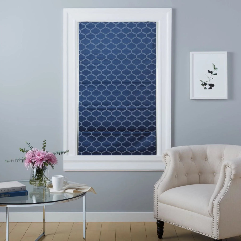 Exclusive Home Montague Trellis Total Blackout Roman Shade, 23"x64", Indigo
