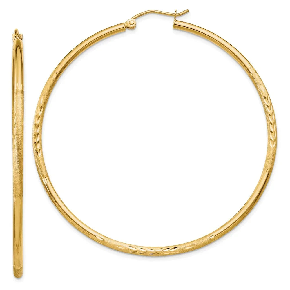 Real 14kt Yellow Gold Satin and Diamond-cut 2mm Round Tube Hoop Earrings; for Adults and Teens; for Women and Men