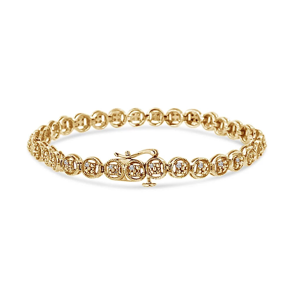14K Yellow Gold PLatitudeed .925 Sterling Silver 1/10 Cttw Diamond Open Circle Wheel Link 7" Tennis Bracelet (I-J Color, I2-I3 Clarity)