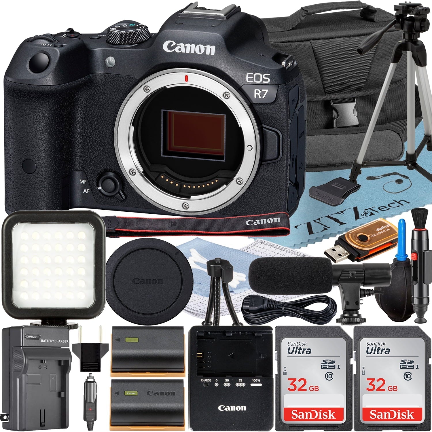 Canon EOS R7 Mirrorless Camera (Body) with 2 Pack SanDisk 32GB Memory Card + Case + ZeeTech Accessory