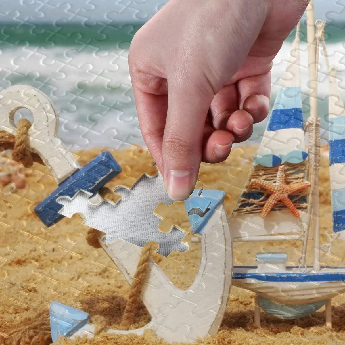 Wellsay Anchor Sailboat Starfish On Beach Sand Tropical Summer Sea and Ocean Horizon Jigsaw Puzzles 500 Pieces Puzzle for Adults Kids DIY Gift
