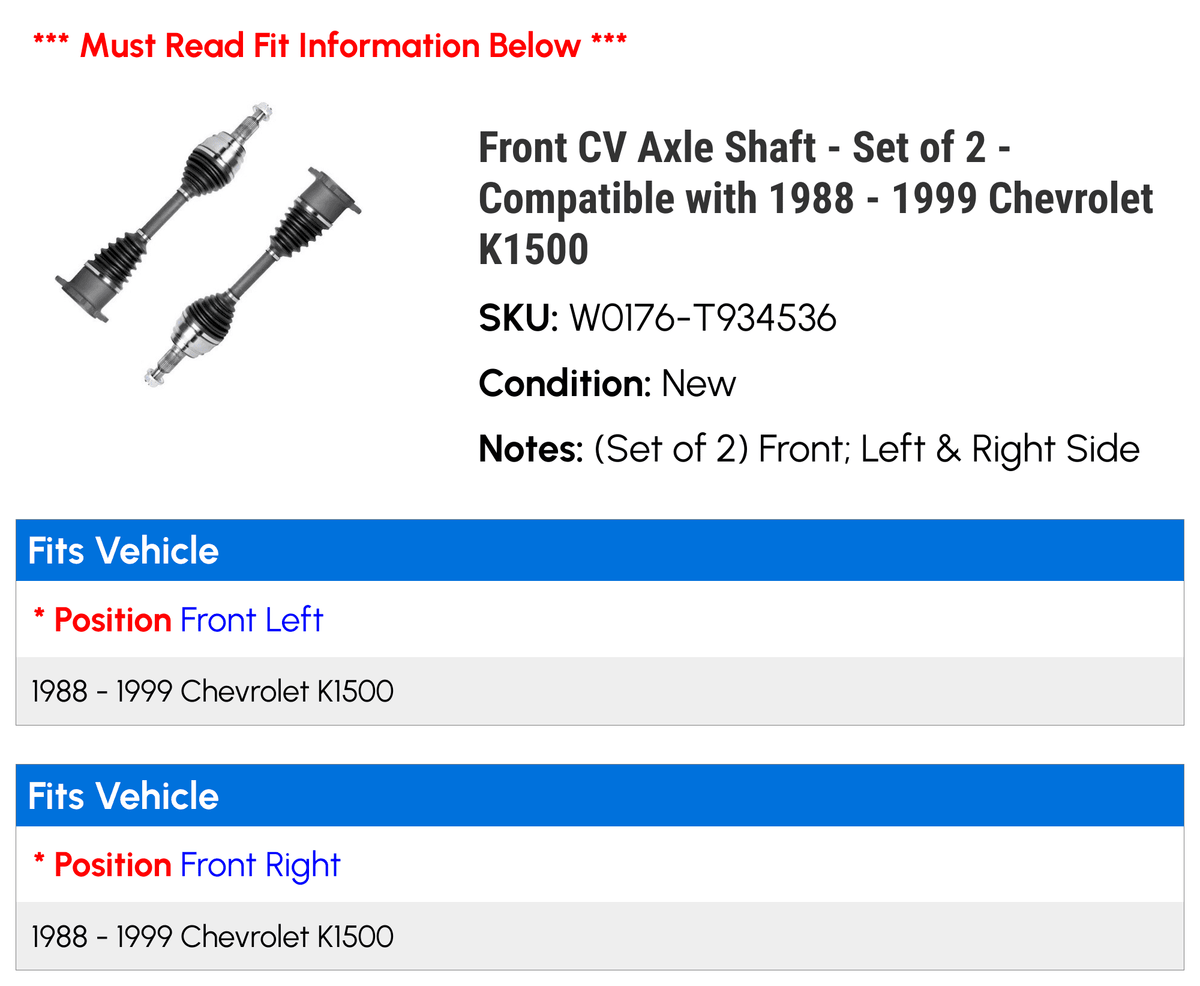 Front CV Axle Shaft - Set of 2 - Compatible with 1988 - 1999 Chevy K1500 1989 1990 1991 1992 1993 1994 1995 1996 1997 1998