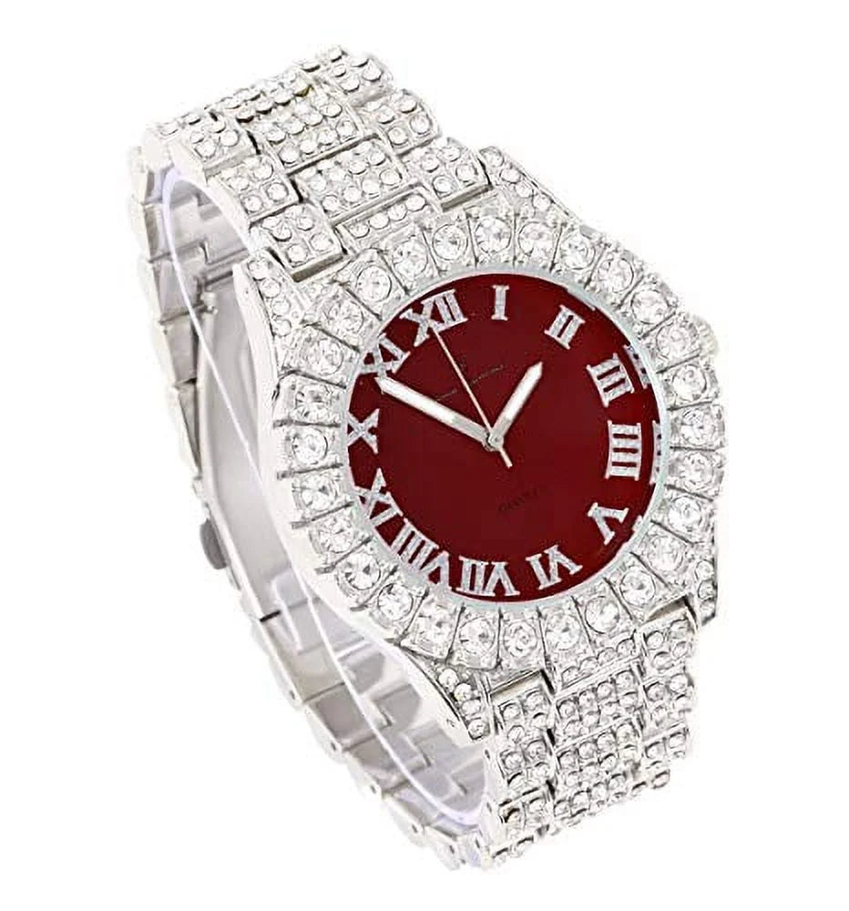 Charles Raymond Women's Big Rocks Blinged Out Bezel Colored Dial with Roman Numerals Fully Iced Out Hip Hop Wristwatch and Sparkling Tennis Bracelet Set - ST10327LA (TLA Silver - Burgundy)