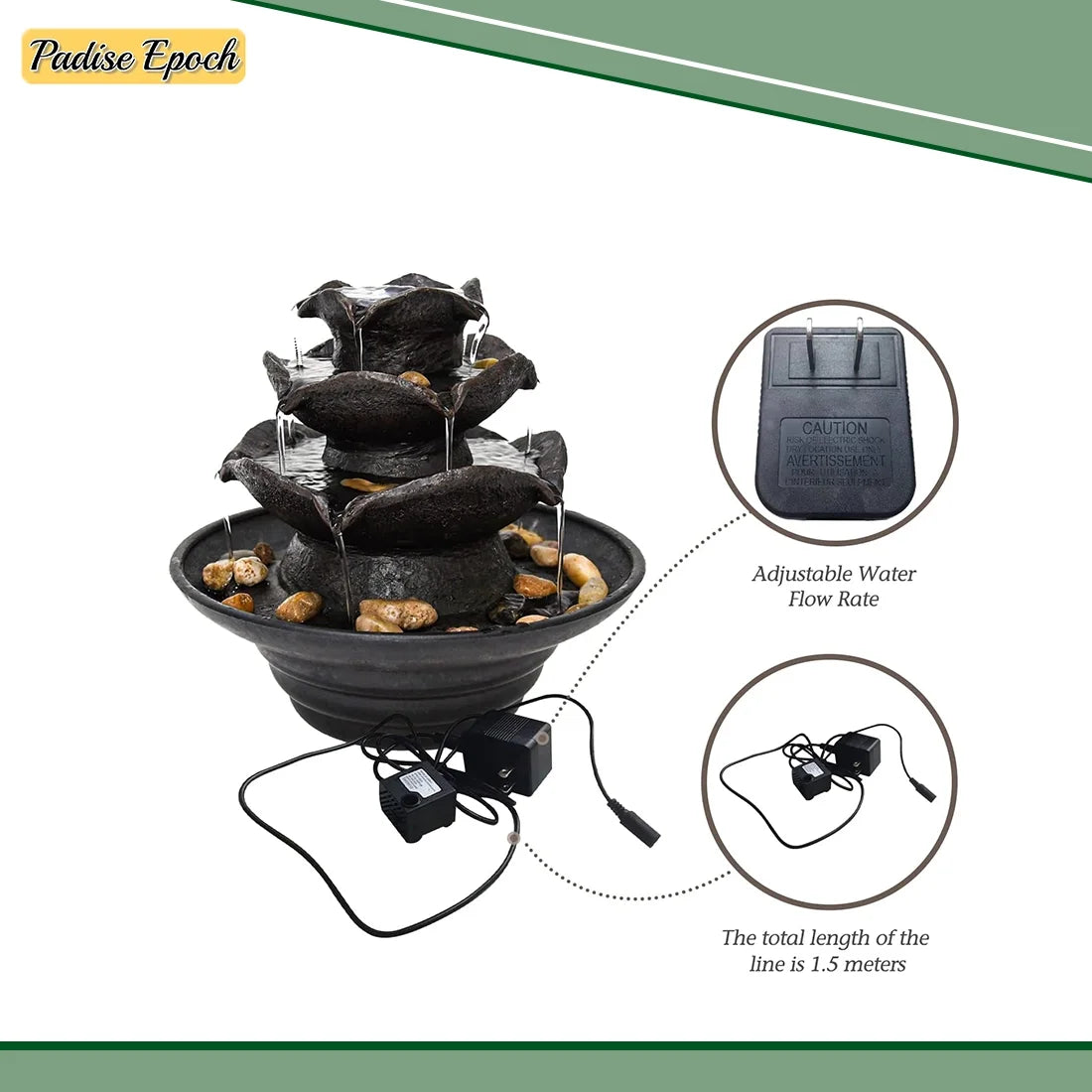 3 Tier Indoor Water Fountain with LED Lights Tabletop Fountain, Relaxation Tabletop Fountain, Mini Desktop Water Fountain for Living Room Bedroom (Includes Natural River Rocks)