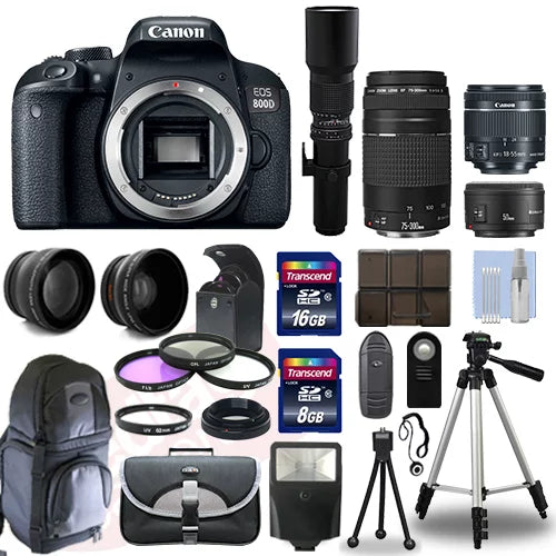 Canon EOS 800D Camera+ 6 Lens 18-55mm STM, 75-300mm, 50mm, 500mm + 24GB PRO KIT!