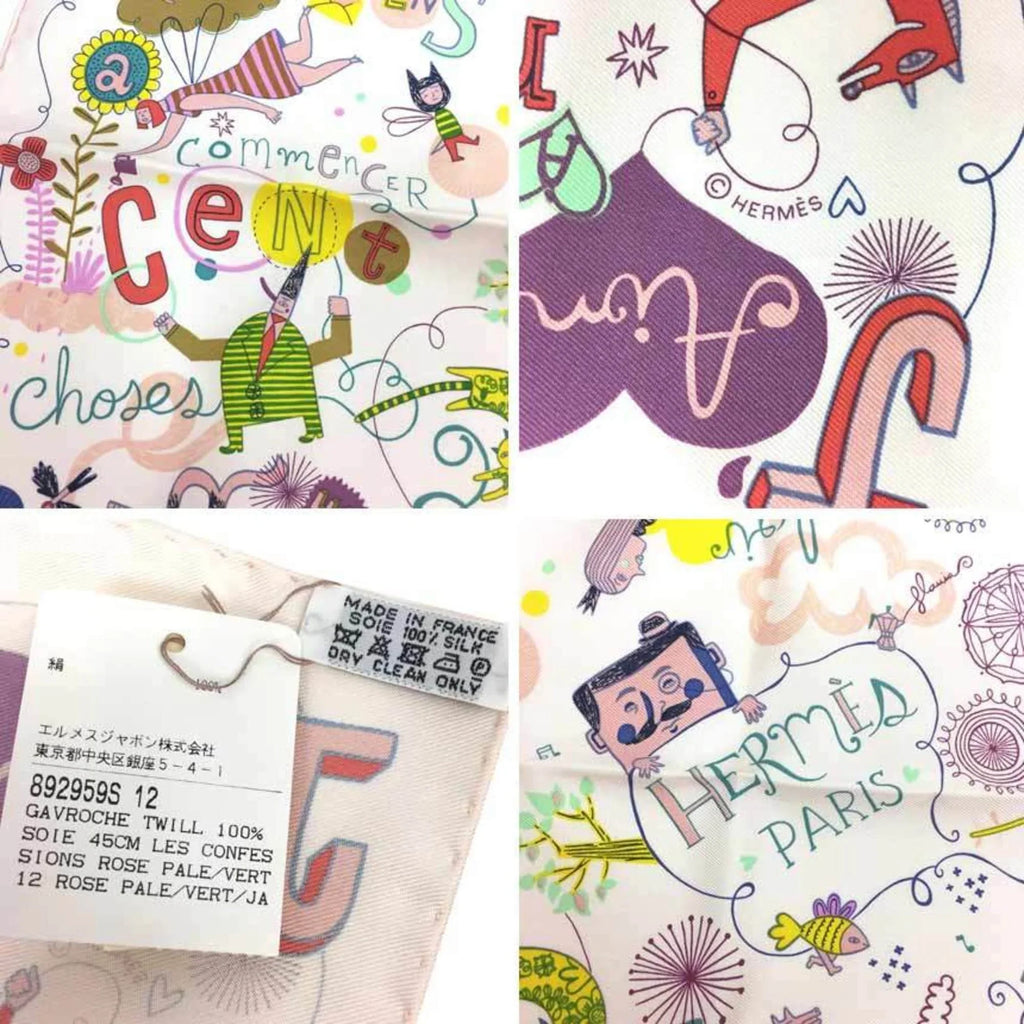 Pre-Owned HERMES Hermes Carre 45 Scarf Muffler LES CONFESSIONS Confession Light Pink ROSE PALE/VERT/JA 100% Silk (Like New)