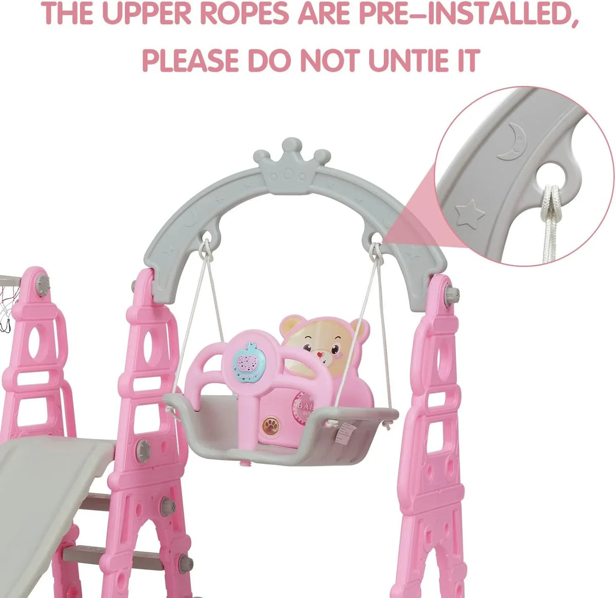 Kinbor 5 in 1 Toddler Slide Swing Set, Climber Slide Playground Baby Playset for Outdoor & Indoor with Basketball Hoop, Extra Long Slide & Easy Climb Stairs, Pink