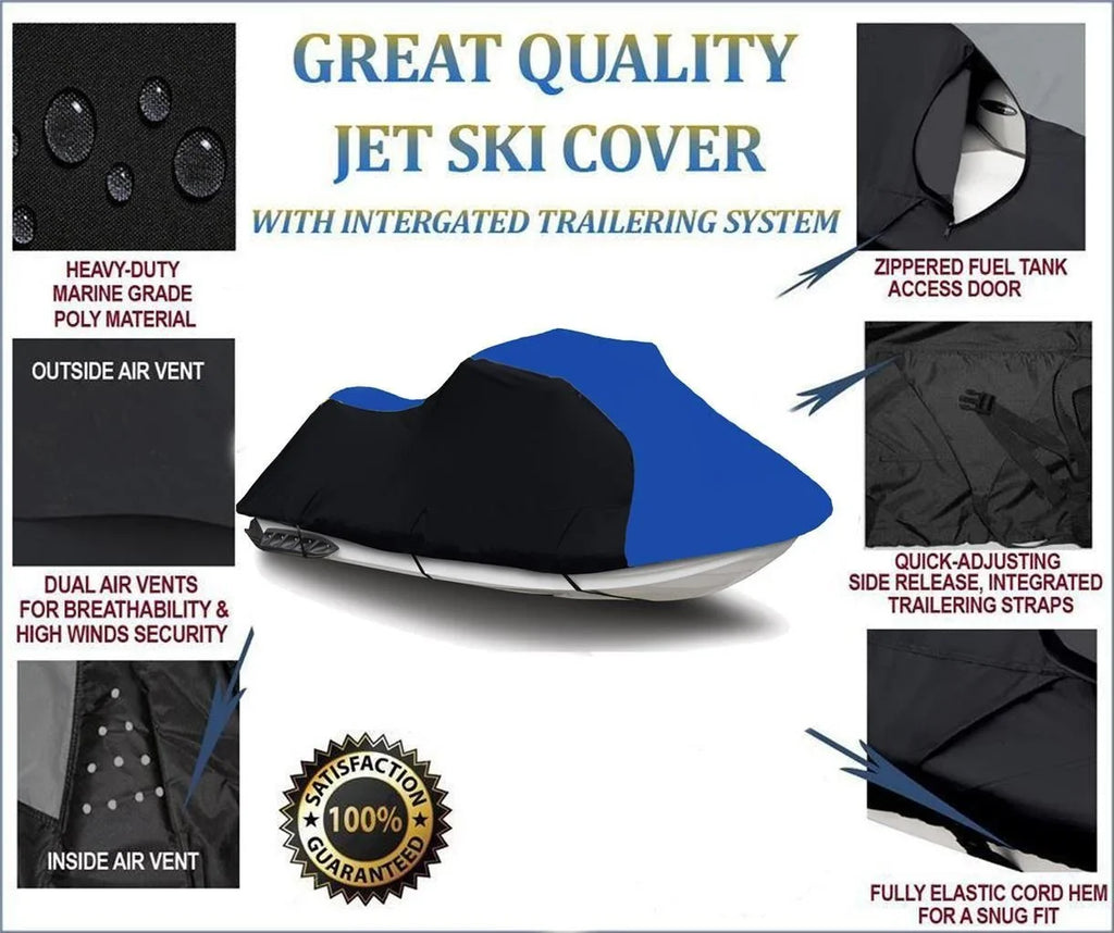 BLACK / BLUE HEAVY-DUTY, 600 DENIER Cover Compatible for Kawasaki ULTRA LX 2007 2008 2009 2010 2011 2012 2013 2014 2015 2016 2017 2018 2019 2020 2021 2022 Jet Ski Cover PWC