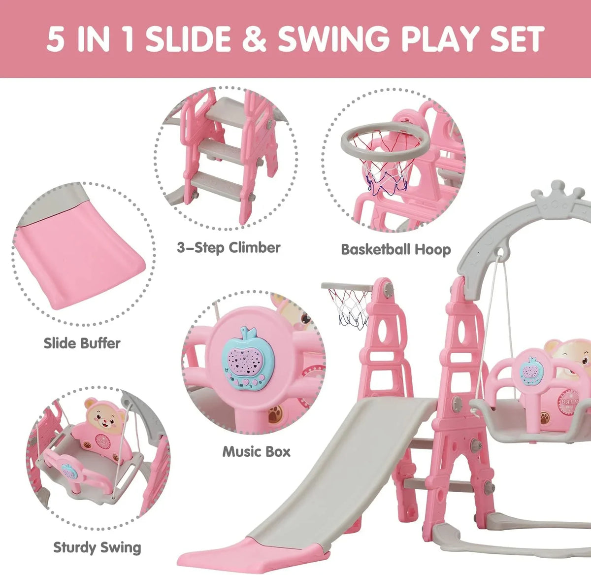 Kinbor 5 in 1 Toddler Slide Swing Set, Climber Slide Playground Baby Playset for Outdoor & Indoor with Basketball Hoop, Extra Long Slide & Easy Climb Stairs, Pink