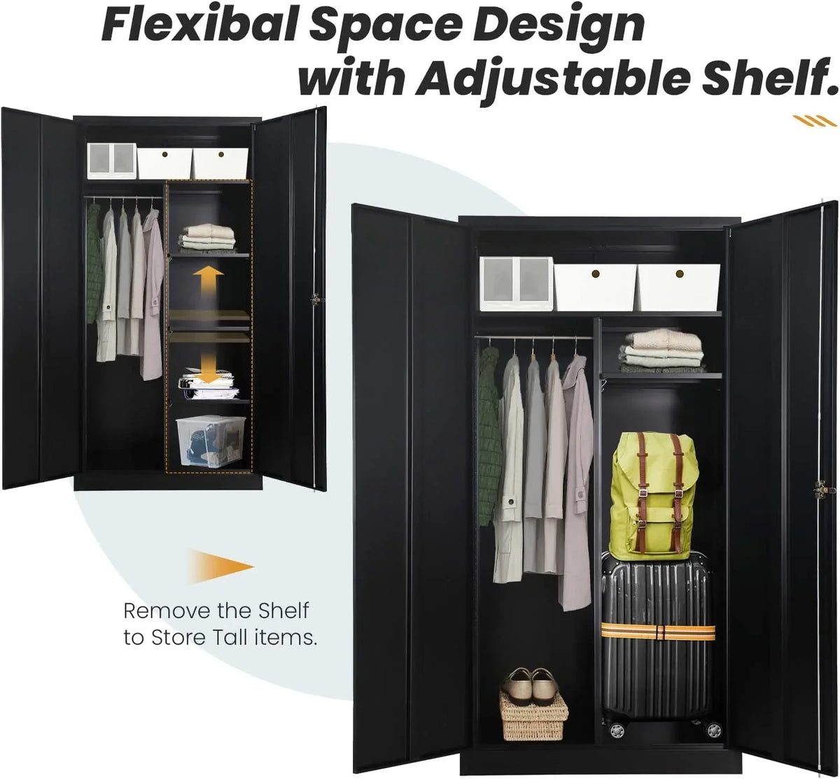 HOOMHIBIU Metal  Cabinets Locker with Locking Door  72'' Clothing Coat Steel Wardrobe Cabinet with Lock and Shelves for Office  Home  Garage  Employee  Freestanding (Black)