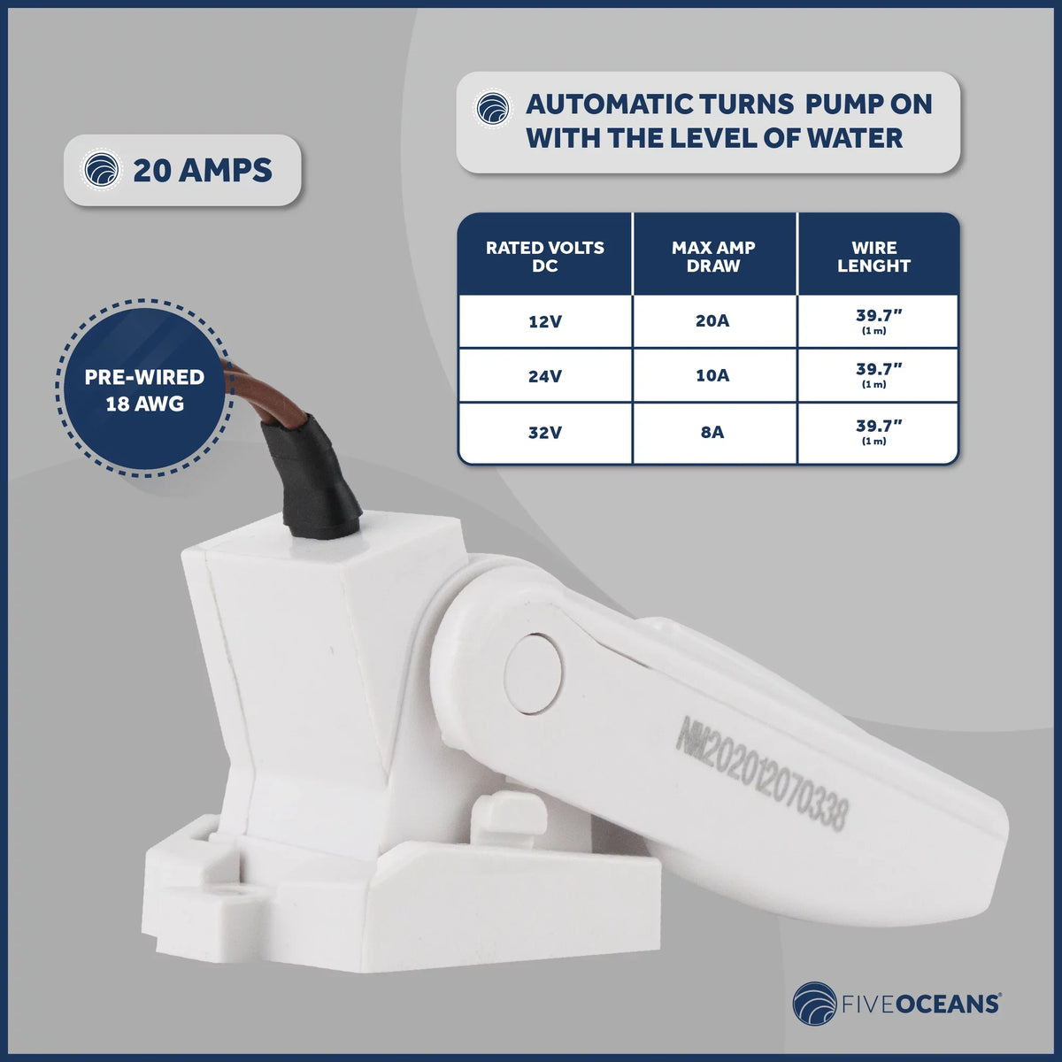 Five Oceans 2000 GPH / 7571 LPH Automatic Bilge Pump Kit, 12-Volts, 1-1/8-Inch (29mm) Inside Diameter Hose, with Heavy-Duty Float Switch - FO3616-C2