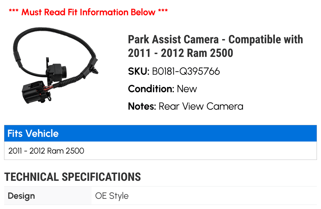 Park Assist Camera - Compatible with 2011 - 2012 Ram 2500