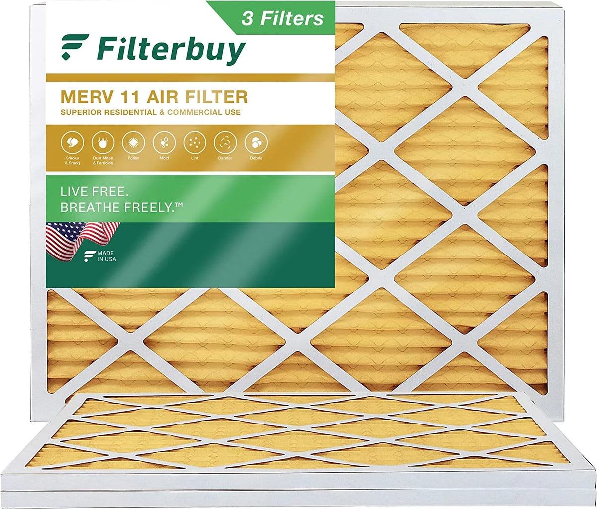 Filterbuy 16x21x1 MERV 11 Pleated HVAC AC Furnace Air Filters (3-Pack)