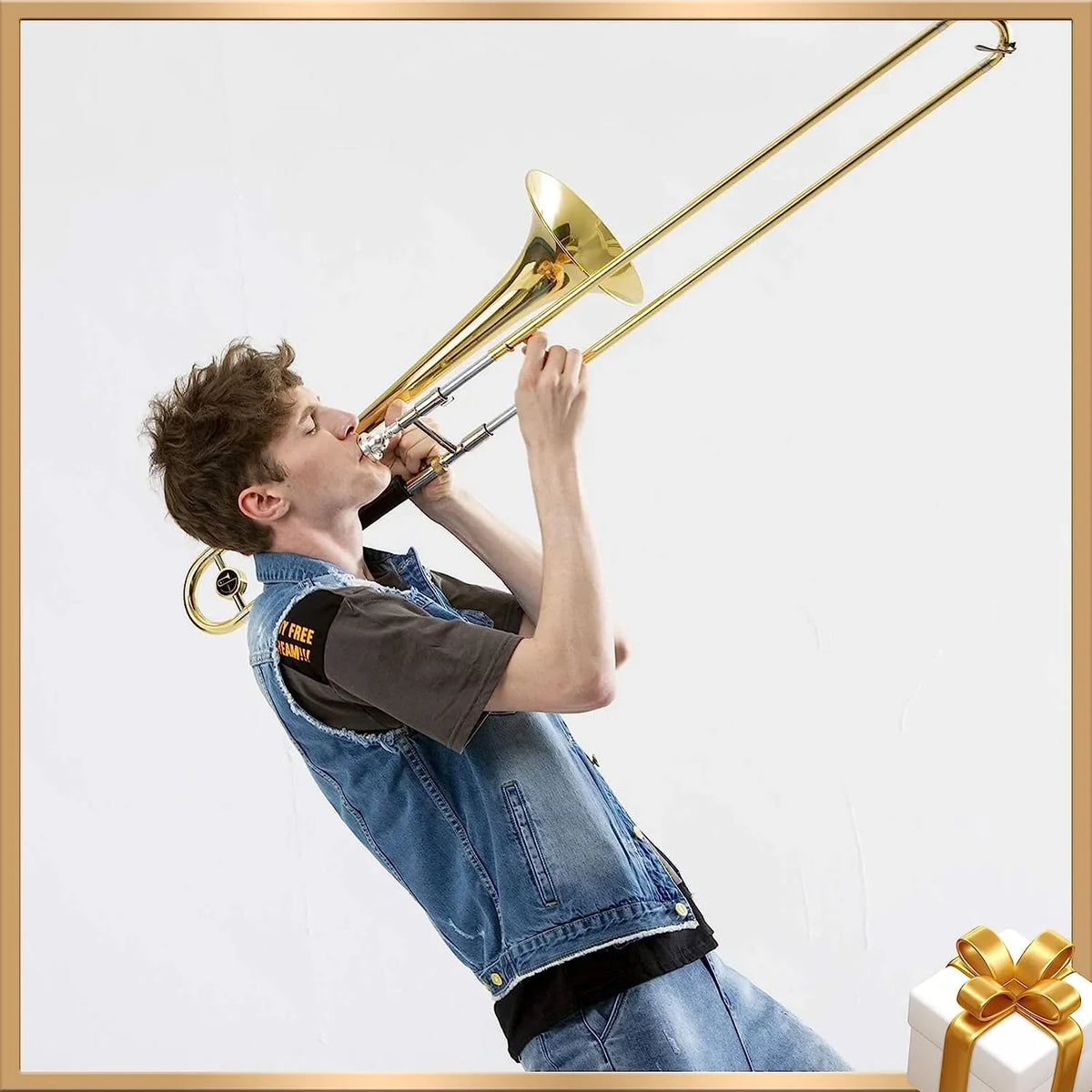 Eastar Bb Tenor Trombone for Beginners Students B FLatitude Brass Instrument, with Case, Mouthpiece, White Gloves, Cleaning Kit, Gold