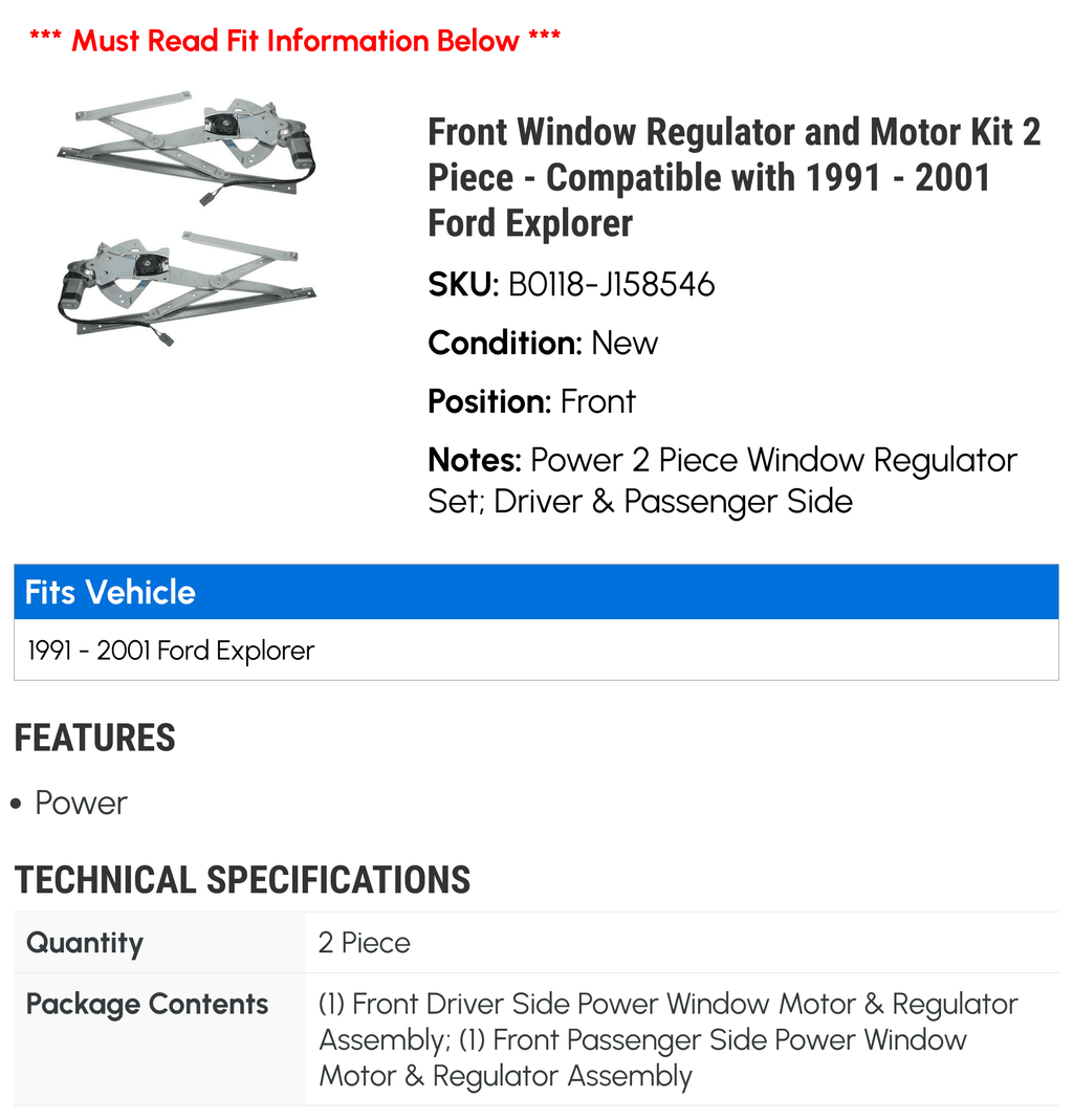 Front Window ReguLatitudeor and Motor Kit 2 Piece - Compatible with 1991 - 2001 Ford Explorer 1992 1993 1994 1995 1996 1997 1998 1999 2000