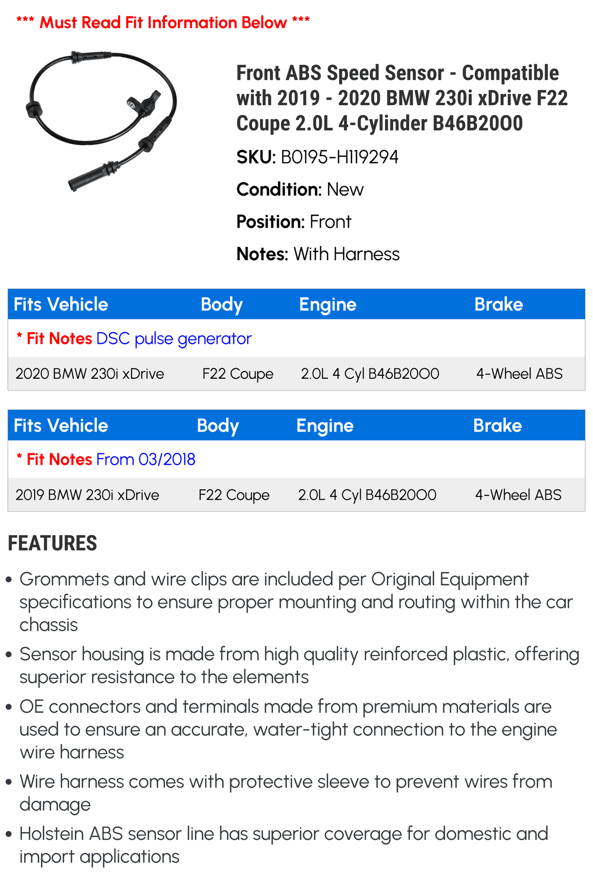 Front ABS Speed Sensor - Compatible with 2019 - 2020 BMW 230i xDrive F22 Coupe 2.0L 4-Cylinder B46B20O0