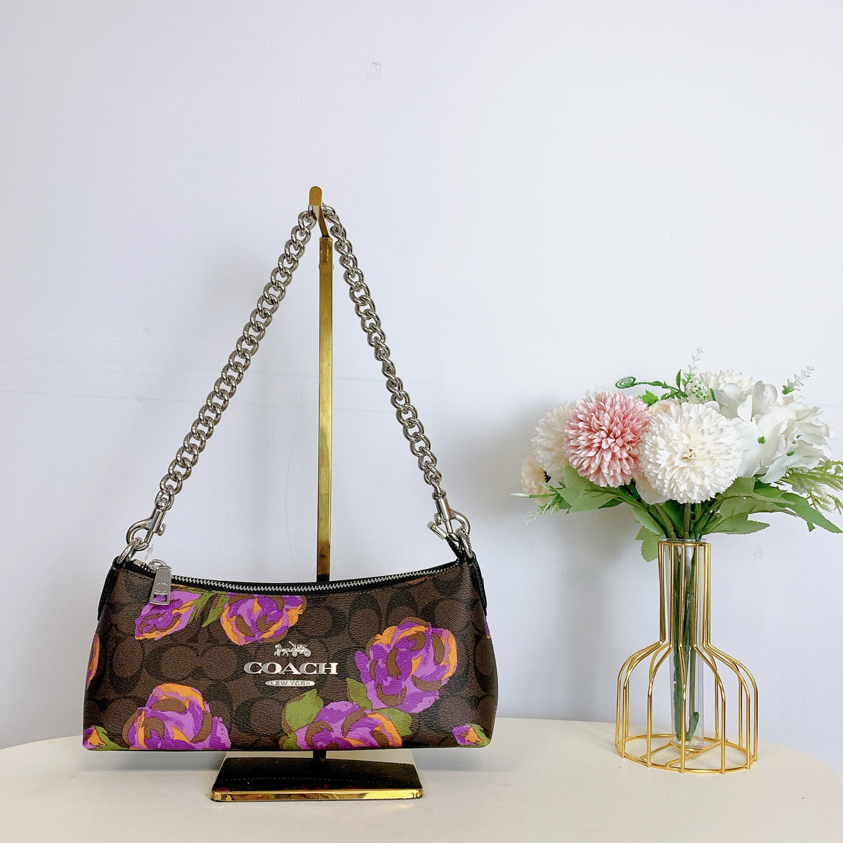 Coach CL406 Charlotte Shoulder Bag In Signature Canvas With Rose Print IN Brown Iris Multi