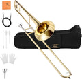 Eastar Bb Tenor Trombone for Beginners Students B FLatitude Brass Instrument, with Case, Mouthpiece, White Gloves, Cleaning Kit, Gold