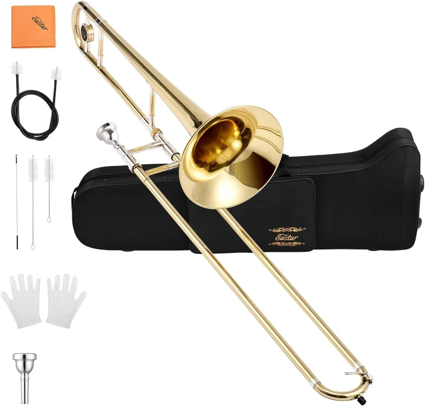 Eastar Bb Tenor Trombone for Beginners Students B FLatitude Brass Instrument, with Case, Mouthpiece, White Gloves, Cleaning Kit, Gold