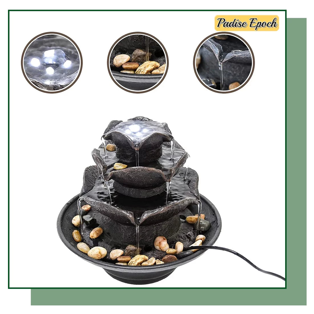 3 Tier Indoor Water Fountain with LED Lights Tabletop Fountain, Relaxation Tabletop Fountain, Mini Desktop Water Fountain for Living Room Bedroom (Includes Natural River Rocks)