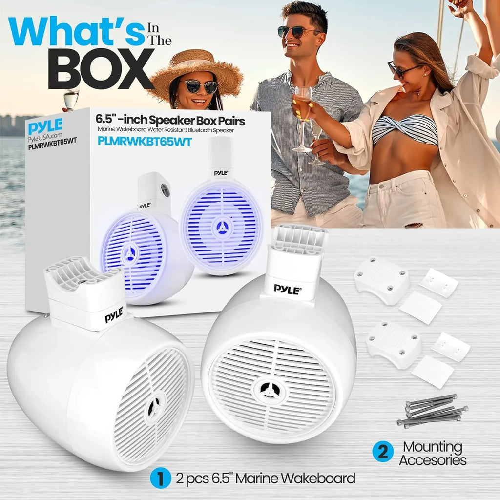 6.5" Marine Wakeboard Water Resistant Bluetooth Speaker - Single 2-Way Mini Box Speaker System with Built-in LED Lights, White PLMRWKBT65WT